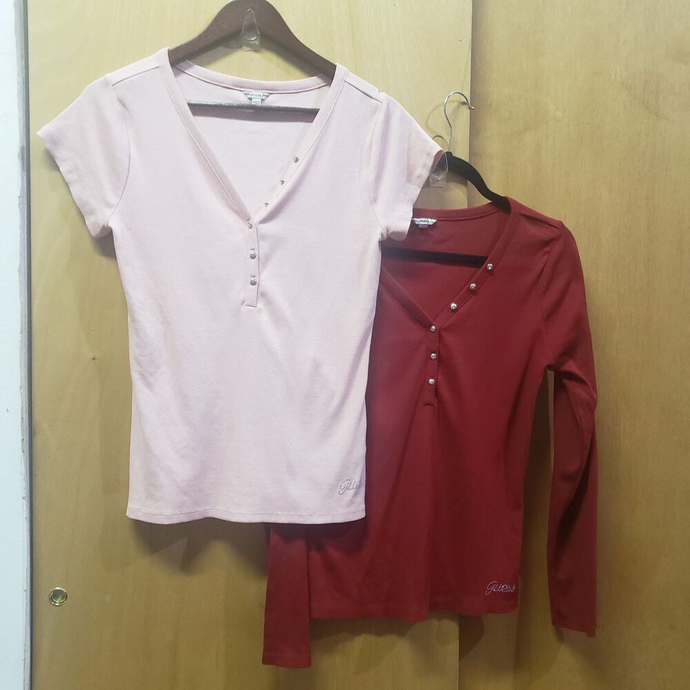 Guess Top Bundle 2 Women's Kyla Ribbed Henley 1-Long-Sleeve 1-short Sleeve SZ XL